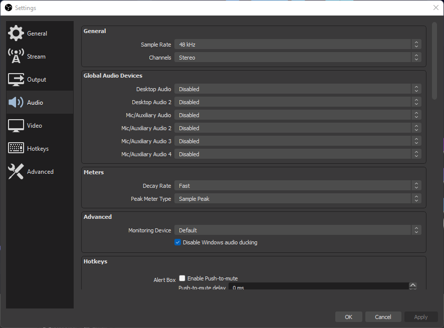 Screenshot of the OBS audio settings window.
