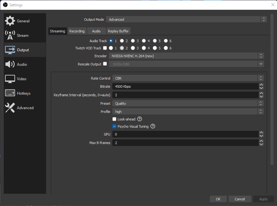 Screenshot of the OBS output settings window.